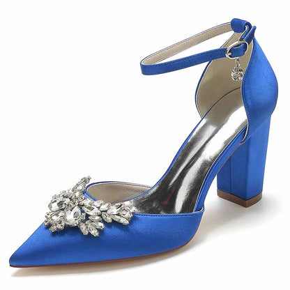 Rhinestone satin chunky heel shoes in blue with decorative embellishments for elegant style