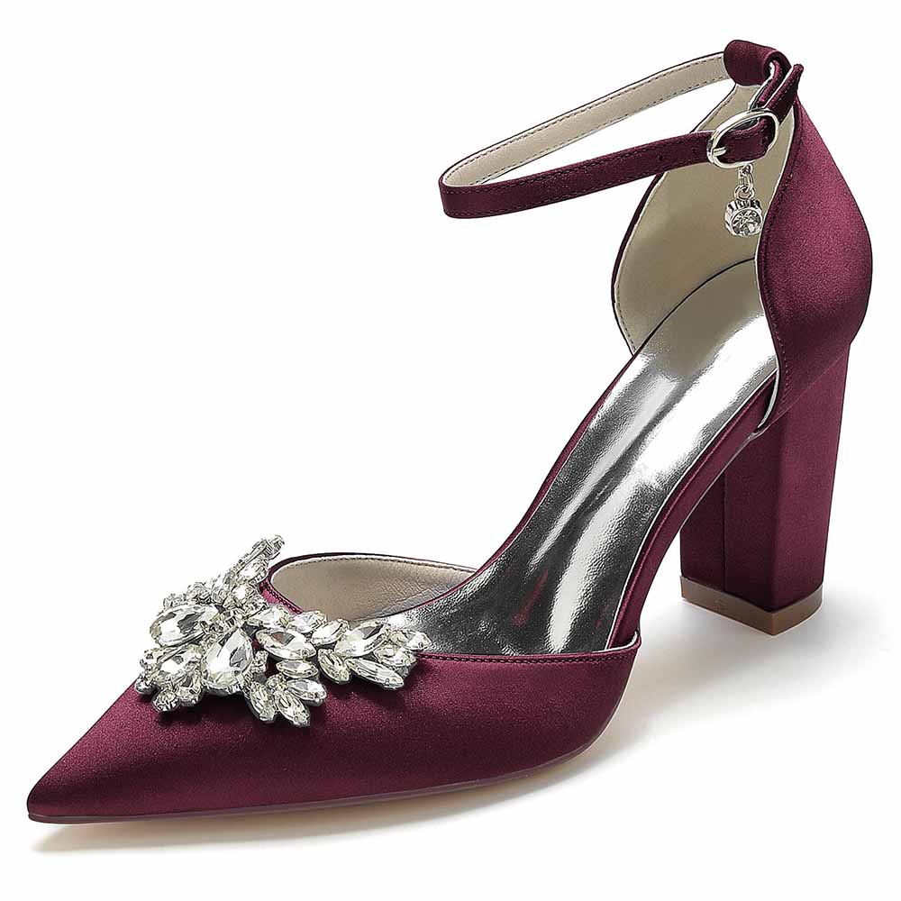 Rhinestone satin chunky heel shoes in burgundy with elegant embellishments and ankle strap
