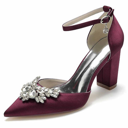 Rhinestone satin chunky heel shoes in burgundy with elegant embellishments and ankle strap
