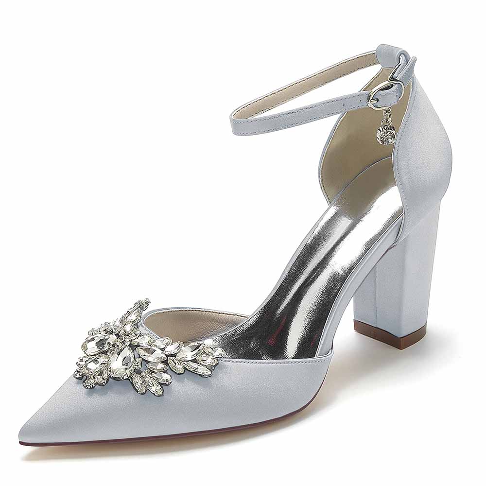 Elegant rhinestone satin chunky heel shoes with ankle strap and decorative embellishments