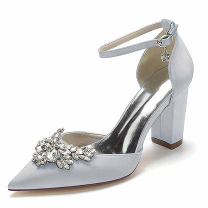 Elegant rhinestone satin chunky heel shoes with ankle strap and decorative embellishments