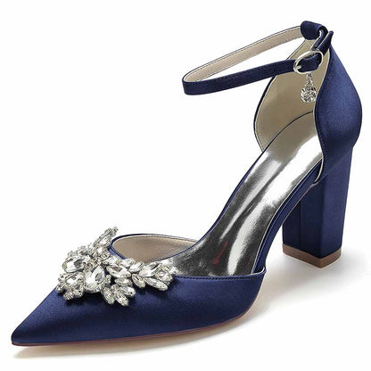 Elegant navy blue rhinestone satin chunky heel shoes with intricate embellishments and ankle strap