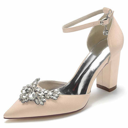 Rhinestone satin chunky heel shoes with pointed toe and ankle strap for elegant occasions