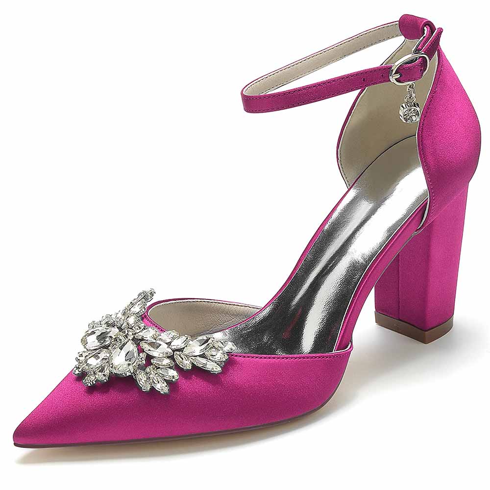 Pink rhinestone satin chunky heel shoes with decorative embellishments and ankle strap