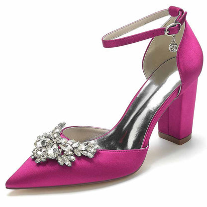 Pink rhinestone satin chunky heel shoes with decorative embellishments and ankle strap