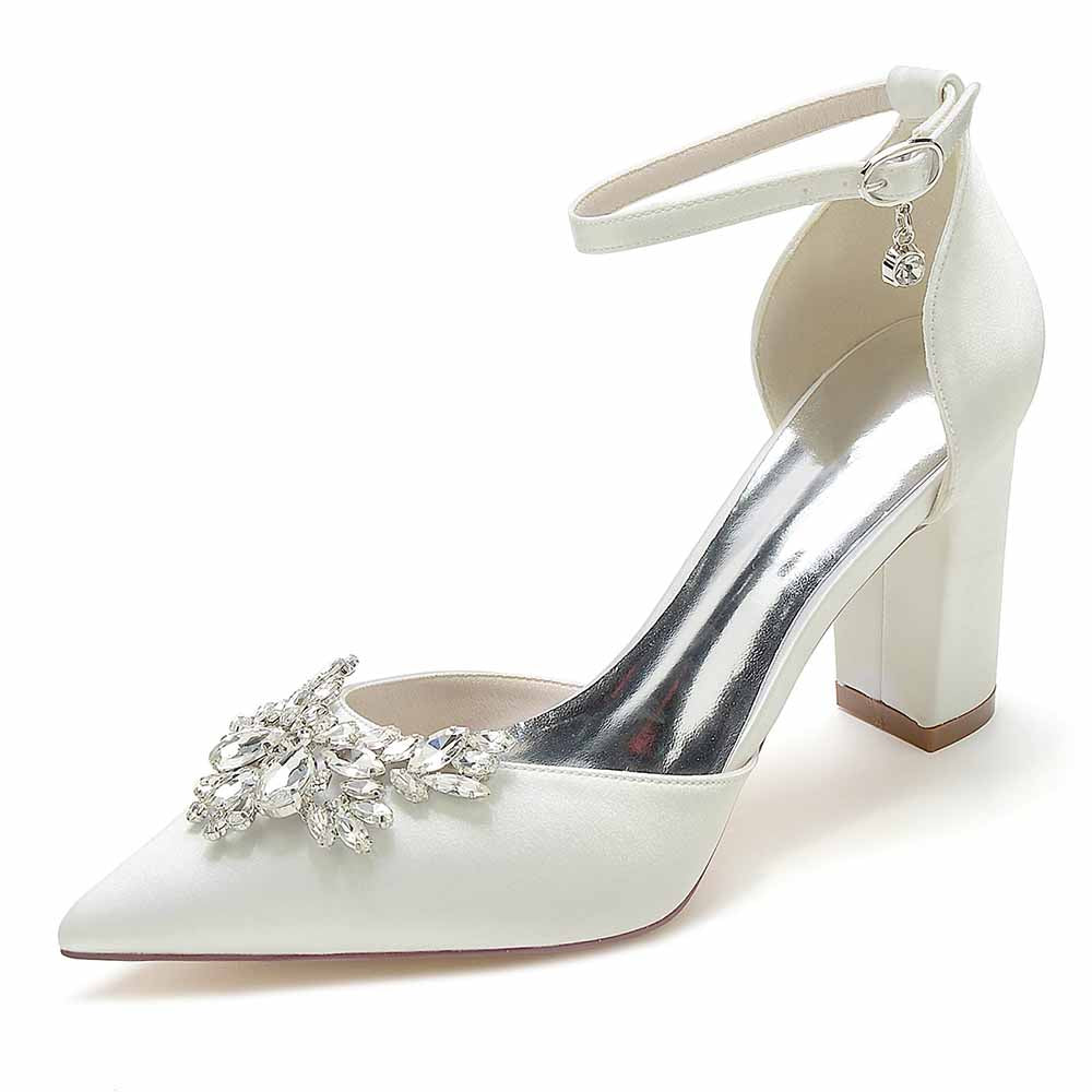 Elegant white rhinestone satin chunky heel shoes with ankle strap and decorative embellishments 
