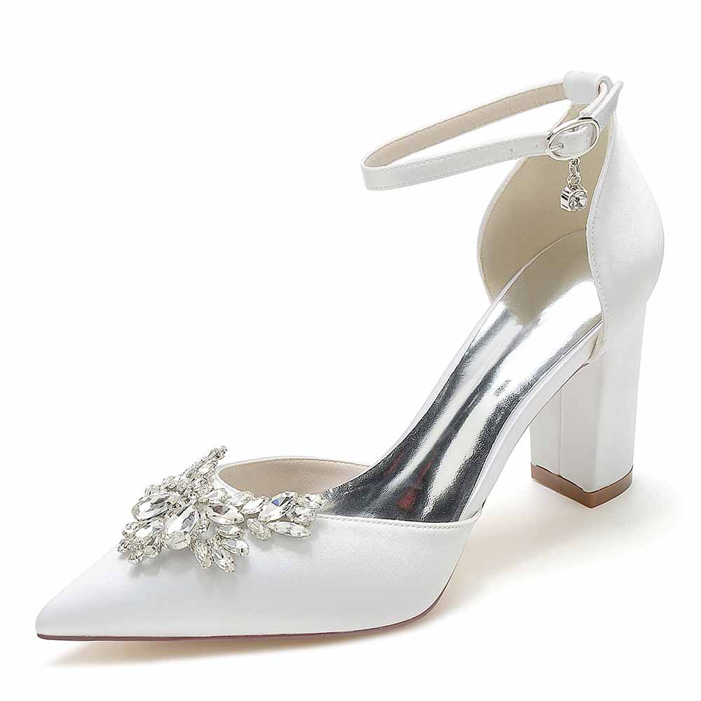 Elegant white rhinestone satin chunky heel shoes with ankle strap and decorative embellishments