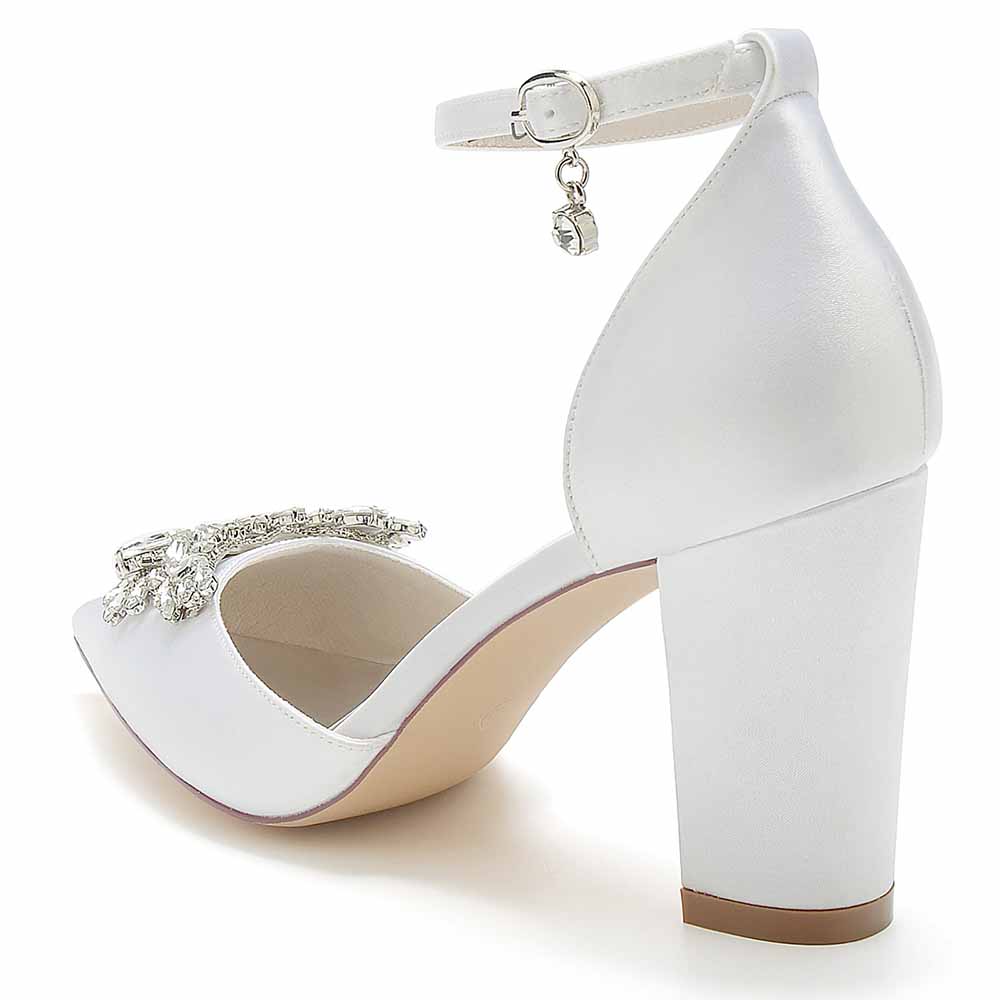 Elegant white rhinestone satin chunky heel shoes with stylish ankle strap and decorative embellishment