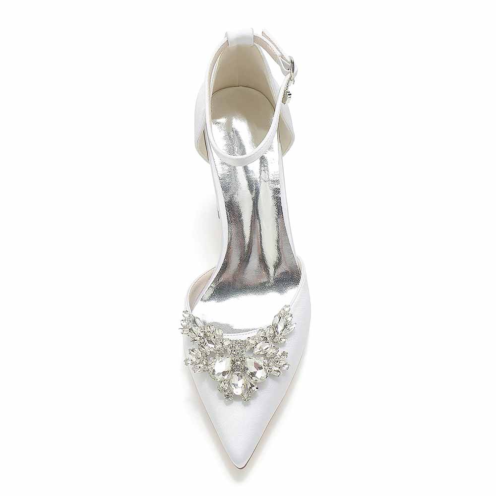 Elegant rhinestone satin chunky heel shoes with a decorative floral embellishment for special occasions