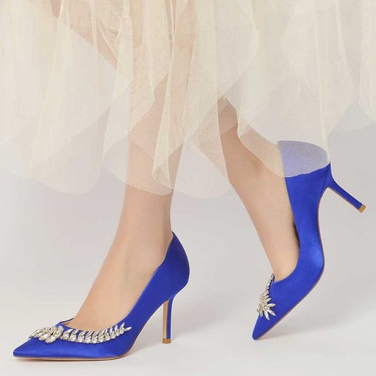 Elegant blue satin dress heels featuring rhinestone embellishments for a stylish touch