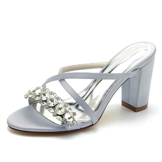 S&DCo. rhinestone wedding shoes for women with stylish cross strap design and block heel