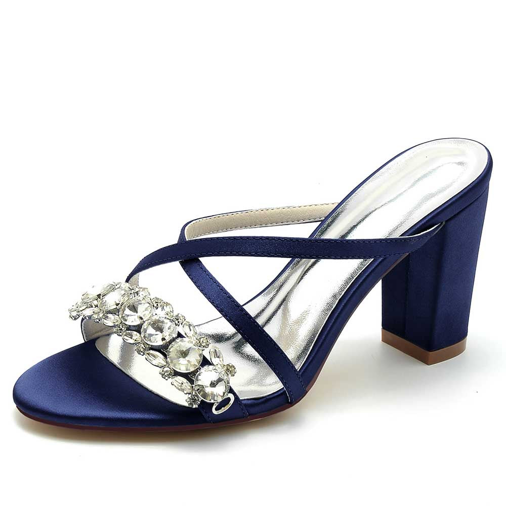 Elegant navy S&DCo. heels featuring rhinestone wedding shoes for women with a stylish block heel