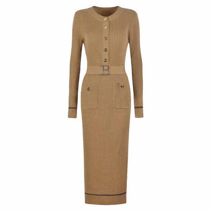 Elegant ribbed knit midi dress in beige with button detail and belted waist for a stylish look