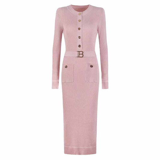 Elegant ribbed knit midi dress in soft pink with a fitted silhouette and button details