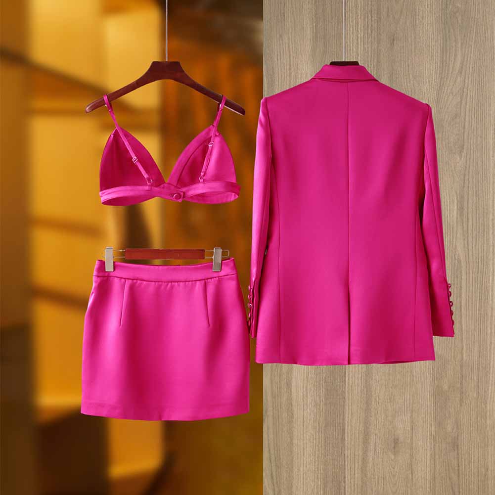 Women Loose fit Rose Blazer + Bra + Mini Skirt 3 Pieces Suit