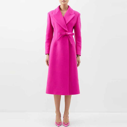 Women's Winter Autumn Bow Details Long Warm Hot Pink Coat