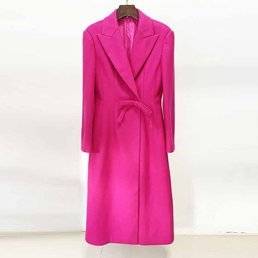 Women's Winter Autumn Bow Details Long Warm Hot Pink Coat