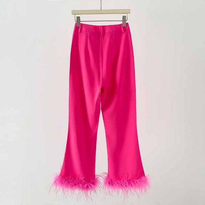 Women Hot Pink Pantsuit Faux Feather Trim One Button Blazer + Mid Waist Cropped Trousers Suit Pantsuit
