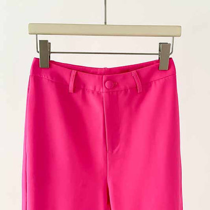 Women Hot Pink Pantsuit Faux Feather Trim One Button Blazer + Mid Waist Cropped Trousers Suit Pantsuit