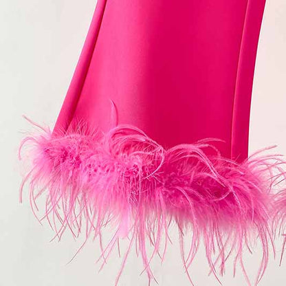 Women Hot Pink Pantsuit Faux Feather Trim One Button Blazer + Mid Waist Cropped Trousers Suit Pantsuit