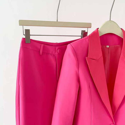 Women Hot Pink Pantsuit Faux Feather Trim One Button Blazer + Mid Waist Cropped Trousers Suit Pantsuit