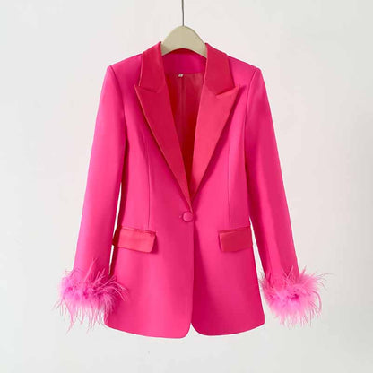 Women Hot Pink Pantsuit Faux Feather Trim One Button Blazer + Mid Waist Cropped Trousers Suit Pantsuit