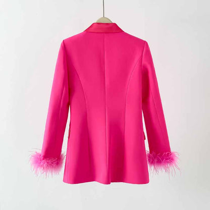 Women Hot Pink Pantsuit Faux Feather Trim One Button Blazer + Mid Waist Cropped Trousers Suit Pantsuit