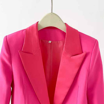 Women Hot Pink Pantsuit Faux Feather Trim One Button Blazer + Mid Waist Cropped Trousers Suit Pantsuit