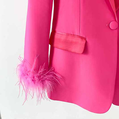Women Hot Pink Pantsuit Faux Feather Trim One Button Blazer + Mid Waist Cropped Trousers Suit Pantsuit
