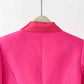 Women Hot Pink Pantsuit Faux Feather Trim One Button Blazer + Mid Waist Cropped Trousers Suit Pantsuit
