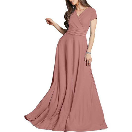 Sexy Cap Short Sleeve Bridesmaid Dress V-Neck Flowy Cocktail Gown