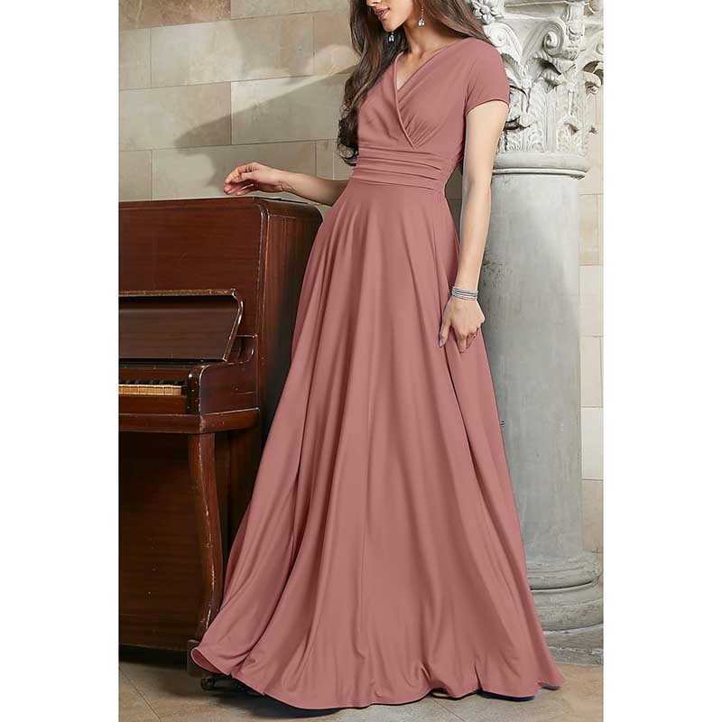 Sexy Cap Short Sleeve Bridesmaid Dress V-Neck Flowy Cocktail Gown