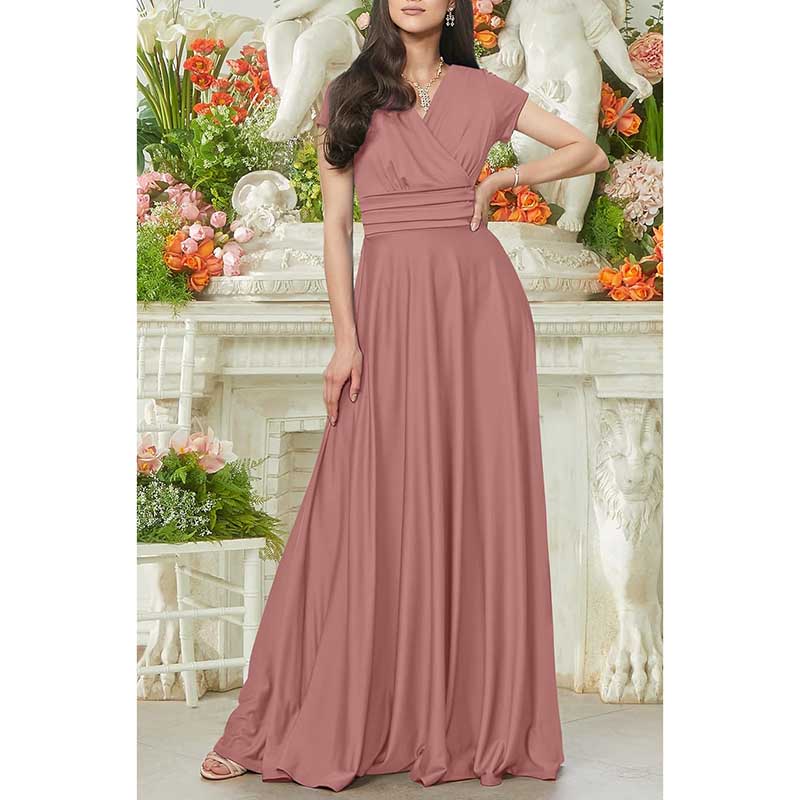 Sexy Cap Short Sleeve Bridesmaid Dress V-Neck Flowy Cocktail Gown