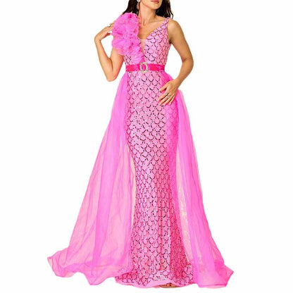 Flowered Pink Sequin Prom Dress Cape Sleeveless Mermaid Event Dress