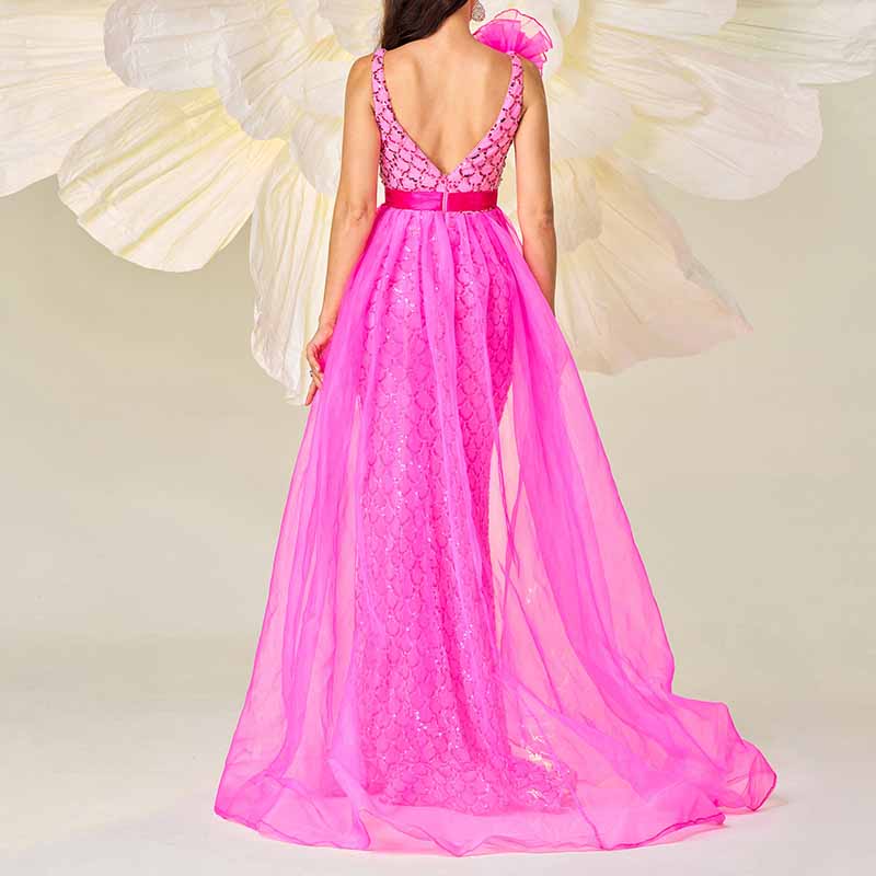 Flowered Pink Sequin Prom Dress Cape Sleeveless Mermaid Event Dress