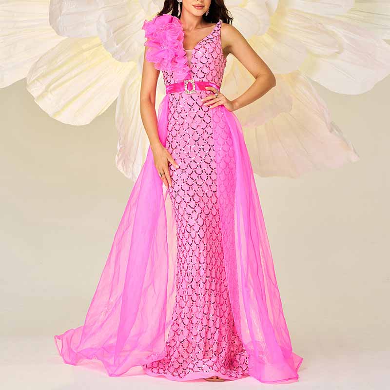 Flowered Pink Sequin Prom Dress Cape Sleeveless Mermaid Event Dress