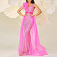 Flowered Pink Sequin Prom Dress Cape Sleeveless Mermaid Event Dress