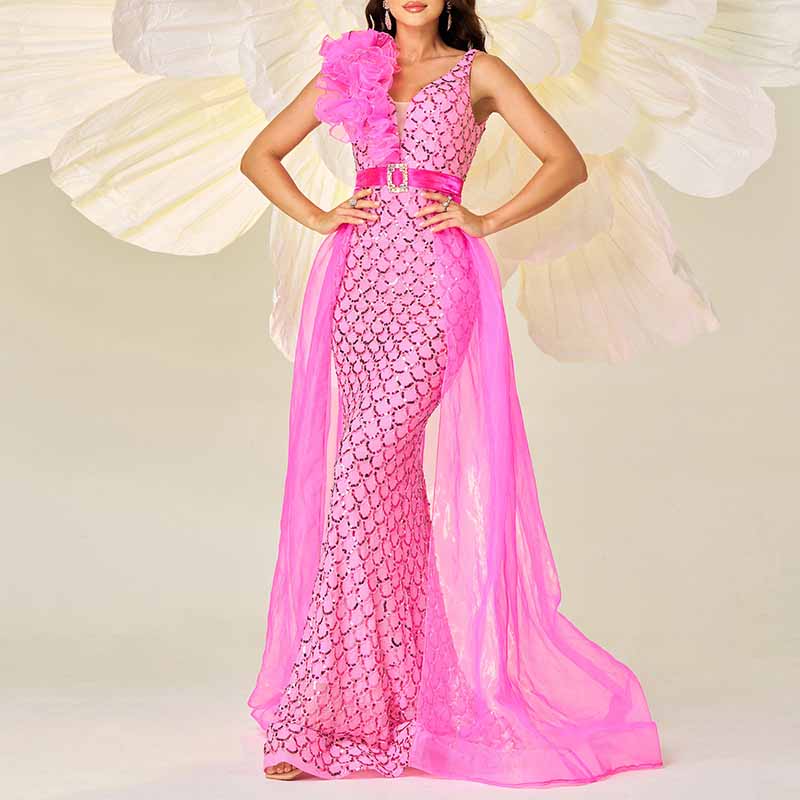 Flowered Pink Sequin Prom Dress Cape Sleeveless Mermaid Event Dress