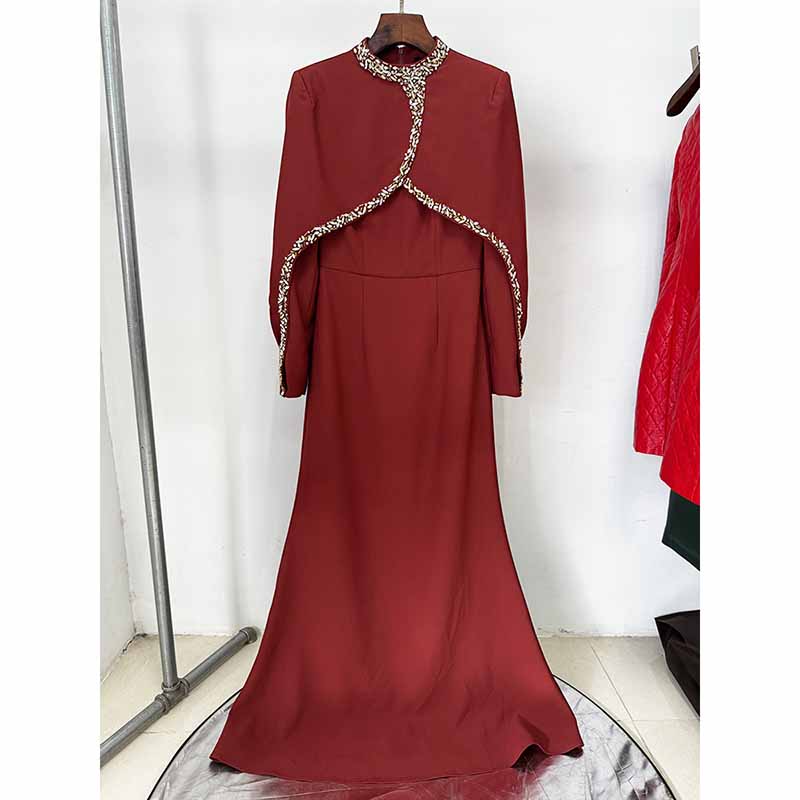 Crystal Embellished Cape Maxi Dress – Crossover Chest Flap Formal Gown