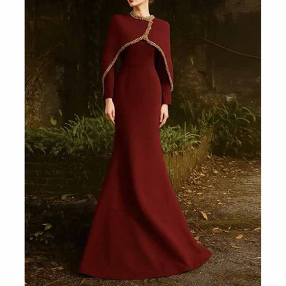 Crystal Embellished Cape Maxi Dress – Crossover Chest Flap Formal Gown