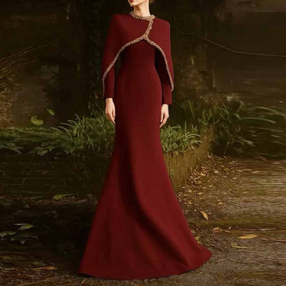 Crystal Embellished Cape Maxi Dress – Crossover Chest Flap Formal Gown