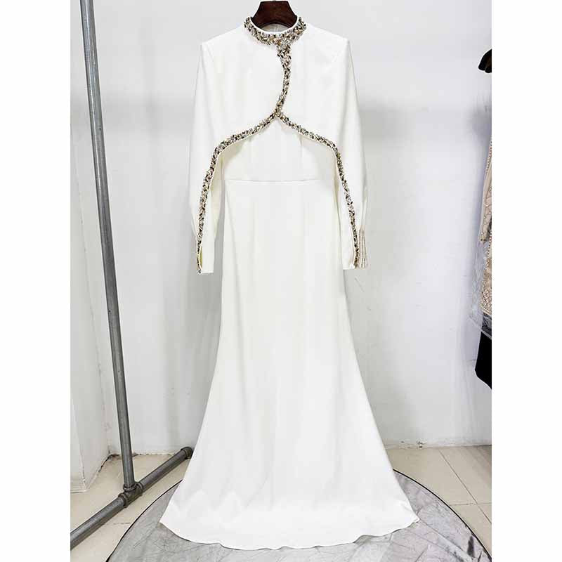 Crystal Embellished Cape Maxi Dress – Crossover Chest Flap Formal Gown