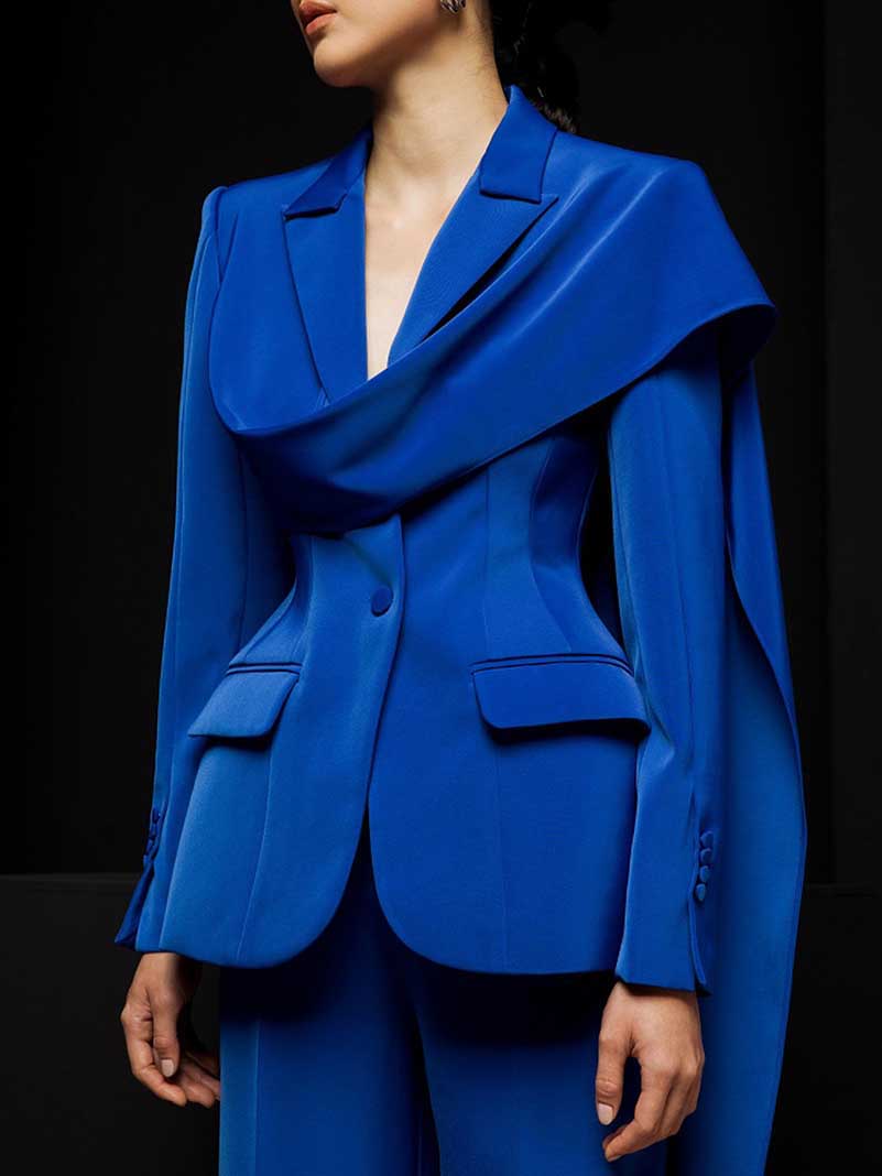 Women Royal Blue Blazer Trendy Jacket with Ribbon Detail