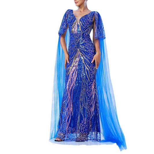 Royal Blue Prom Dress with Cape Sleeves Sequined Long Maxi Dress