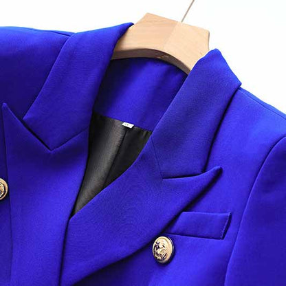 Women's Golden Lion Buttons Royal Blue Skirts Blazer Suit Jacket + High Waist Skirts Belt Suit