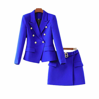 Women's Golden Lion Buttons Royal Blue Skirts Blazer Suit Jacket + High Waist Skirts Belt Suit