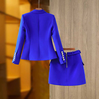 Women's Golden Lion Buttons Royal Blue Skirts Blazer Suit Jacket + High Waist Skirts Belt Suit