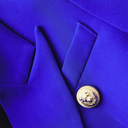 Women's Golden Lion Buttons Royal Blue Skirts Blazer Suit Jacket + High Waist Skirts Belt Suit
