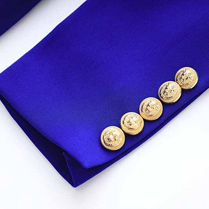 Women's Golden Lion Buttons Royal Blue Skirts Blazer Suit Jacket + High Waist Skirts Belt Suit