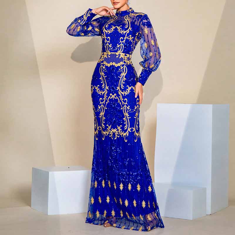 Lantern Sleeve Stand Collar Sequin Dress Royal Blue Prom Dress